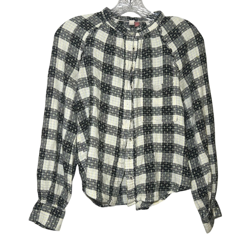 Pilcro Plaid Button Up Long Sleeve Shirt Black White Yellow Women's S Classic